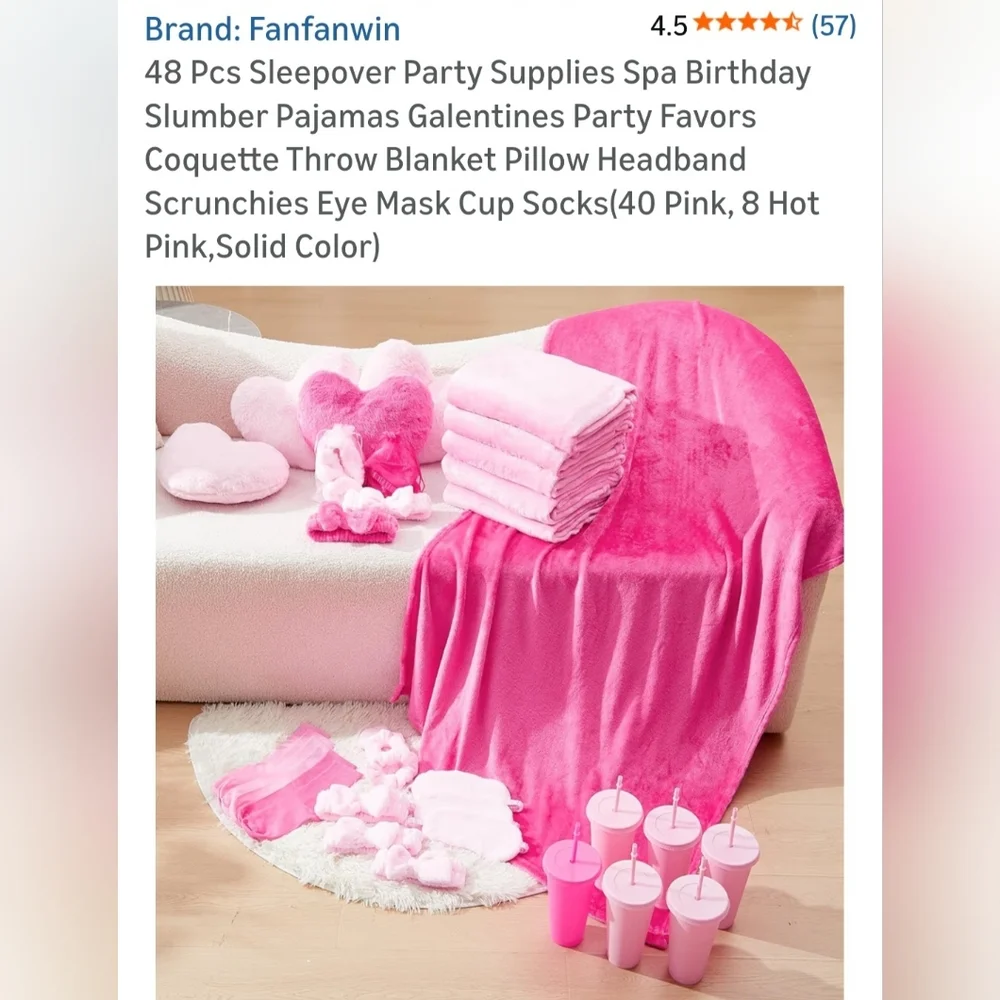 48-Piece Pink Sleepover Party Supplies Set. SET IS ALL LIGHT PINK!!